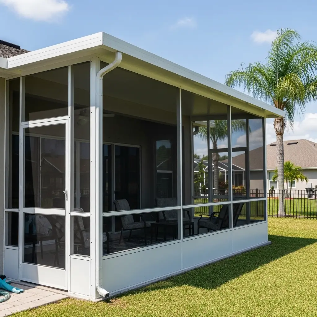 Custom-built lanai enclosure with white aluminum frame and screened panels on backyard patio in Deltona, FL.