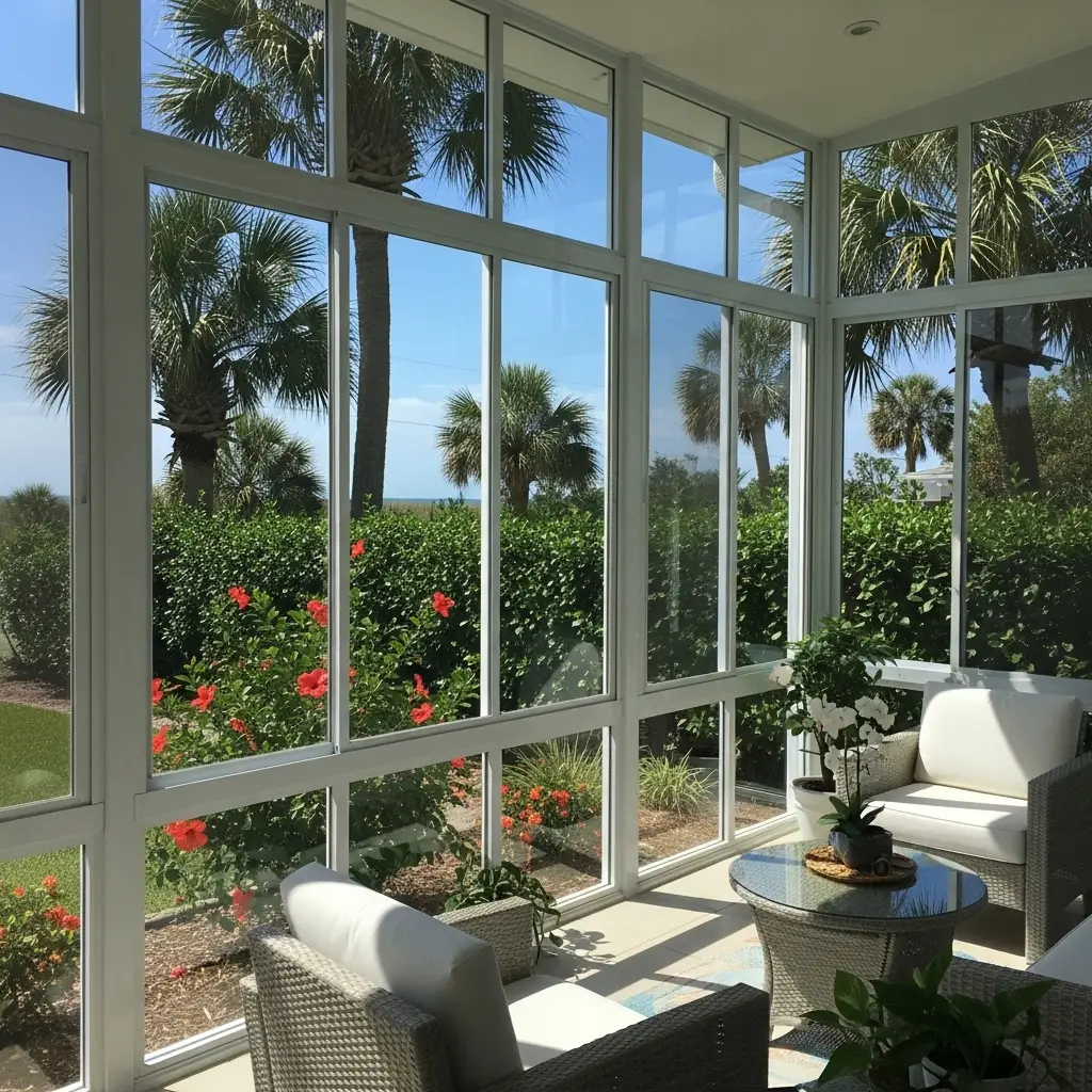 Bright lanai enclosure with glass panels and tropical garden view after repair in Deltona, FL.