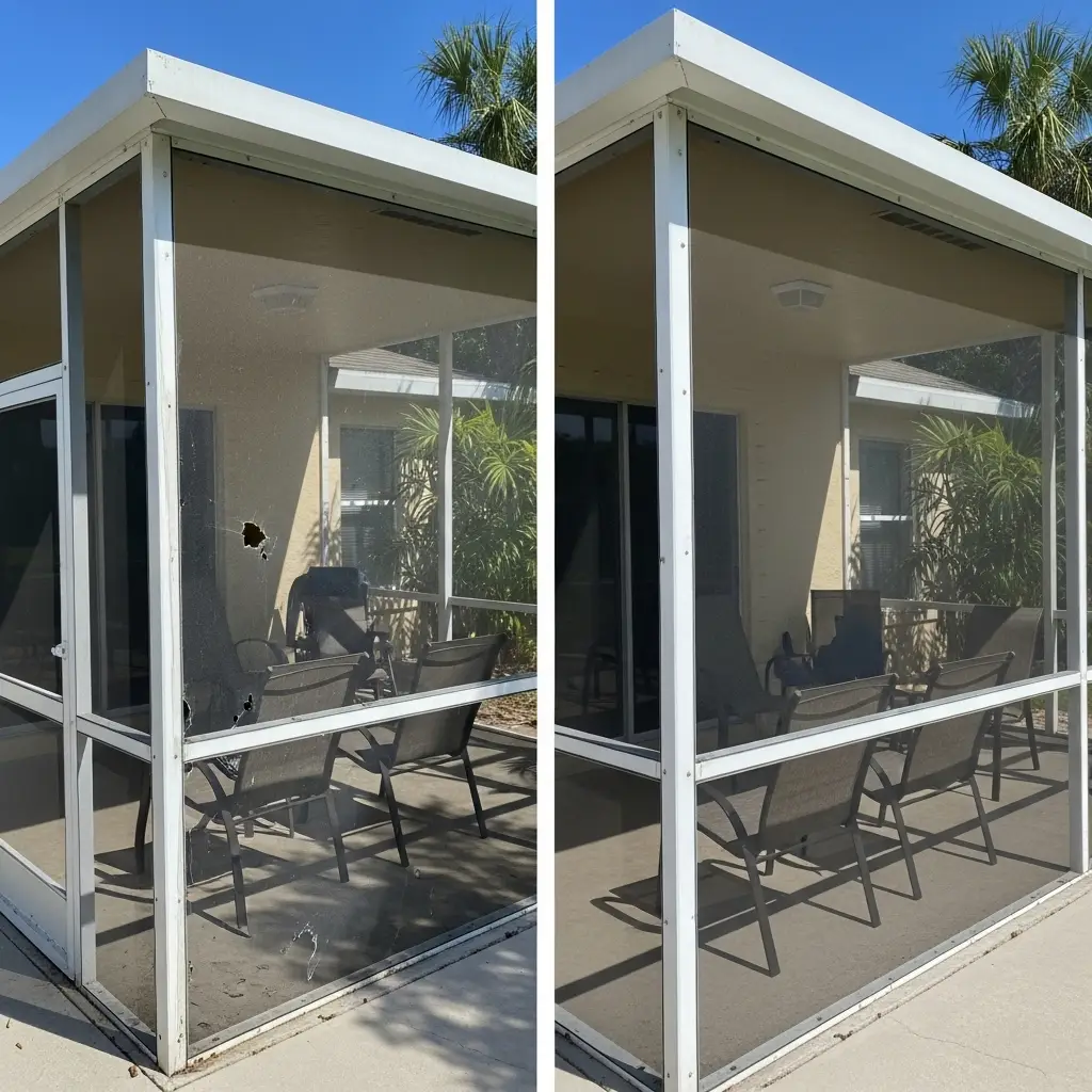 Before and after lanai screen repair showing replaced mesh panels on patio in Deltona, FL.