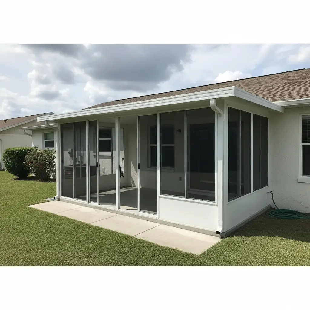 Repaired lanai screen enclosure with clean aluminum frame and new mesh panels in Deltona, FL.