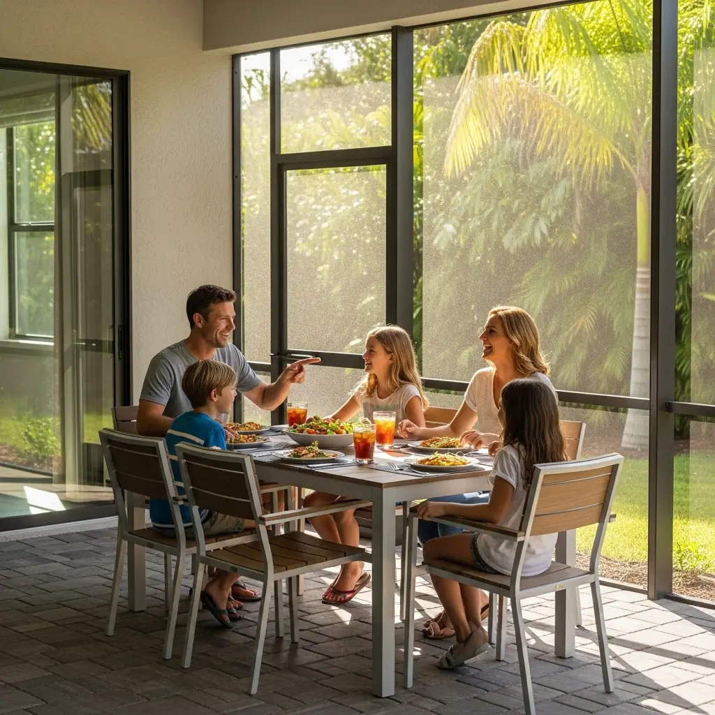 Family enjoying meal inside screened patio enclosure on a sunny day in Deltona, FL.