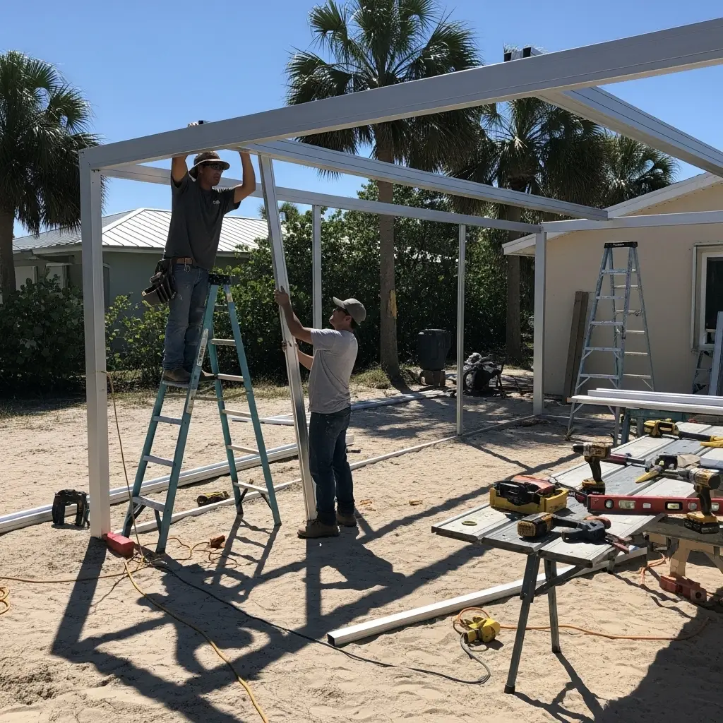 Construction crew installing aluminum patio screen frame under sunny skies in Deltona, FL.