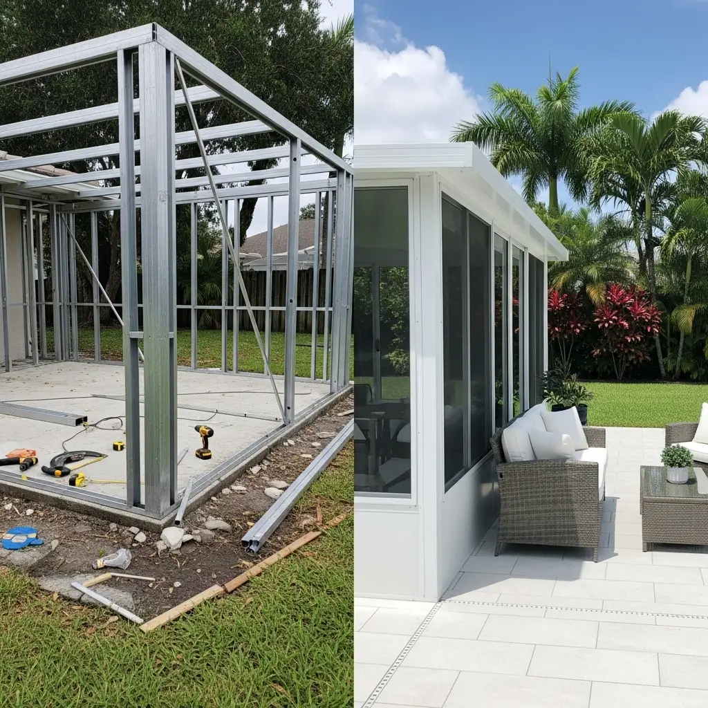 Before and after pool cage rescreening showing frame rebuild and finished enclosure in Deltona, FL.