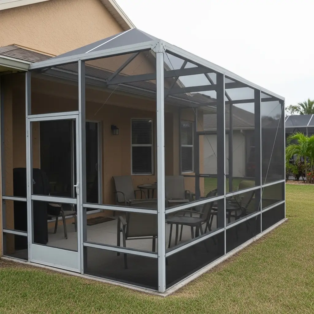 Residential pool screen enclosure with aluminum frame and patio seating in Deltona, FL.