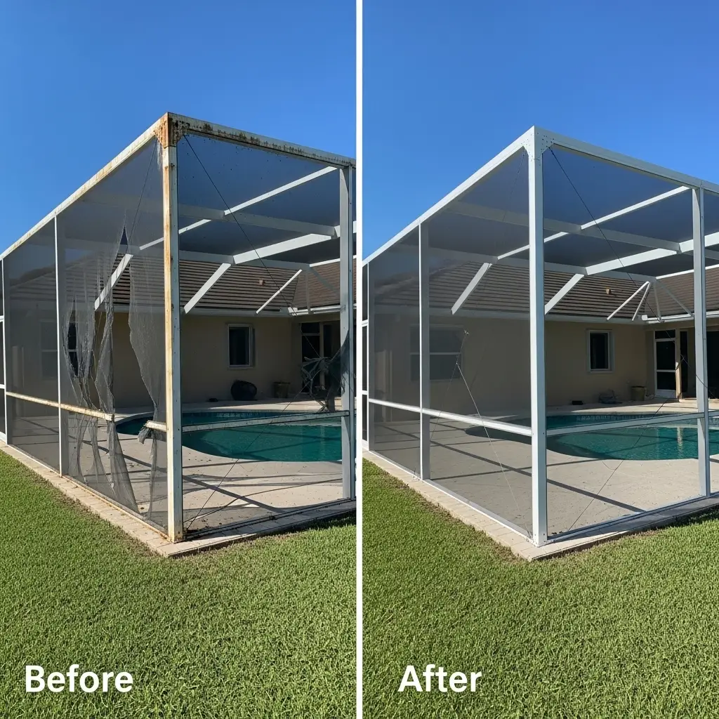 Before and after pool screen replacement showing restored enclosure frame in Deltona, FL.