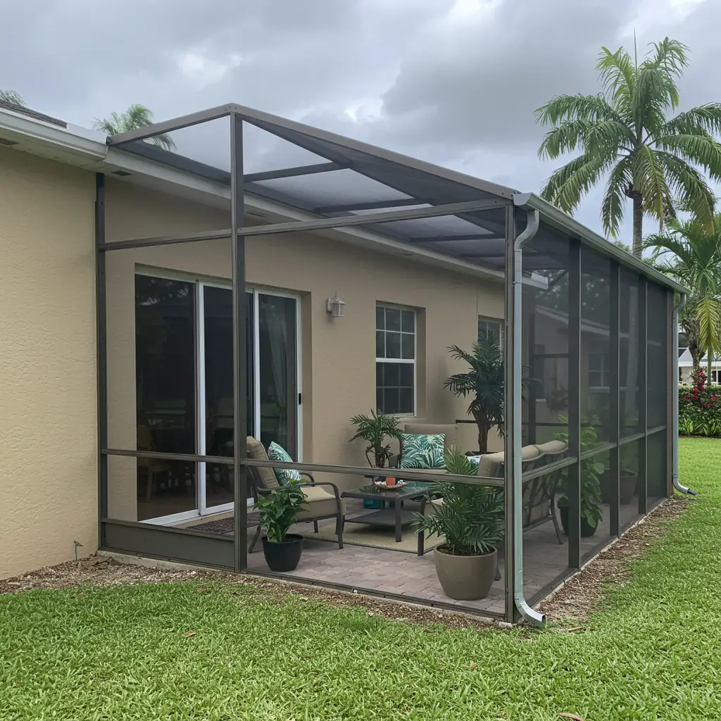 Screened patio enclosure replacement completed on a residential backyard in Deltona, FL.