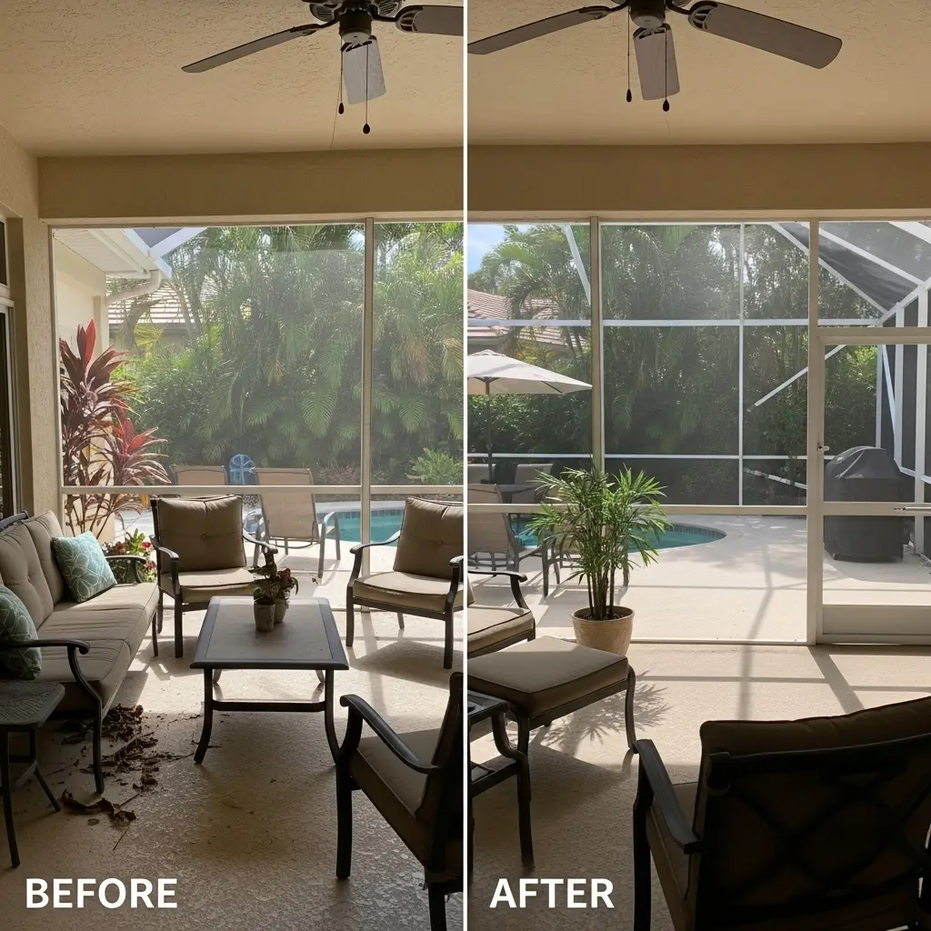 Before and after sunroom window screen repair in a residential patio in Deltona, FL.