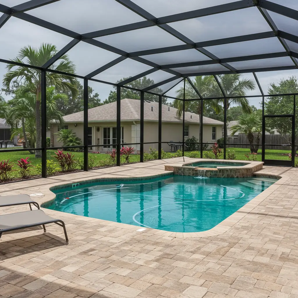 Screened pool enclosure with spa and paver deck in Deltona, FL backyard.